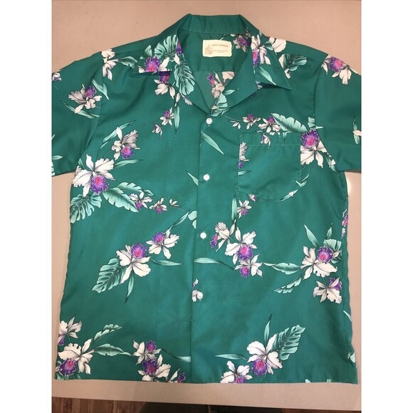 VTG Polyester Royal Hawaiian Teal Single Stitch Shirt As L/slim XL